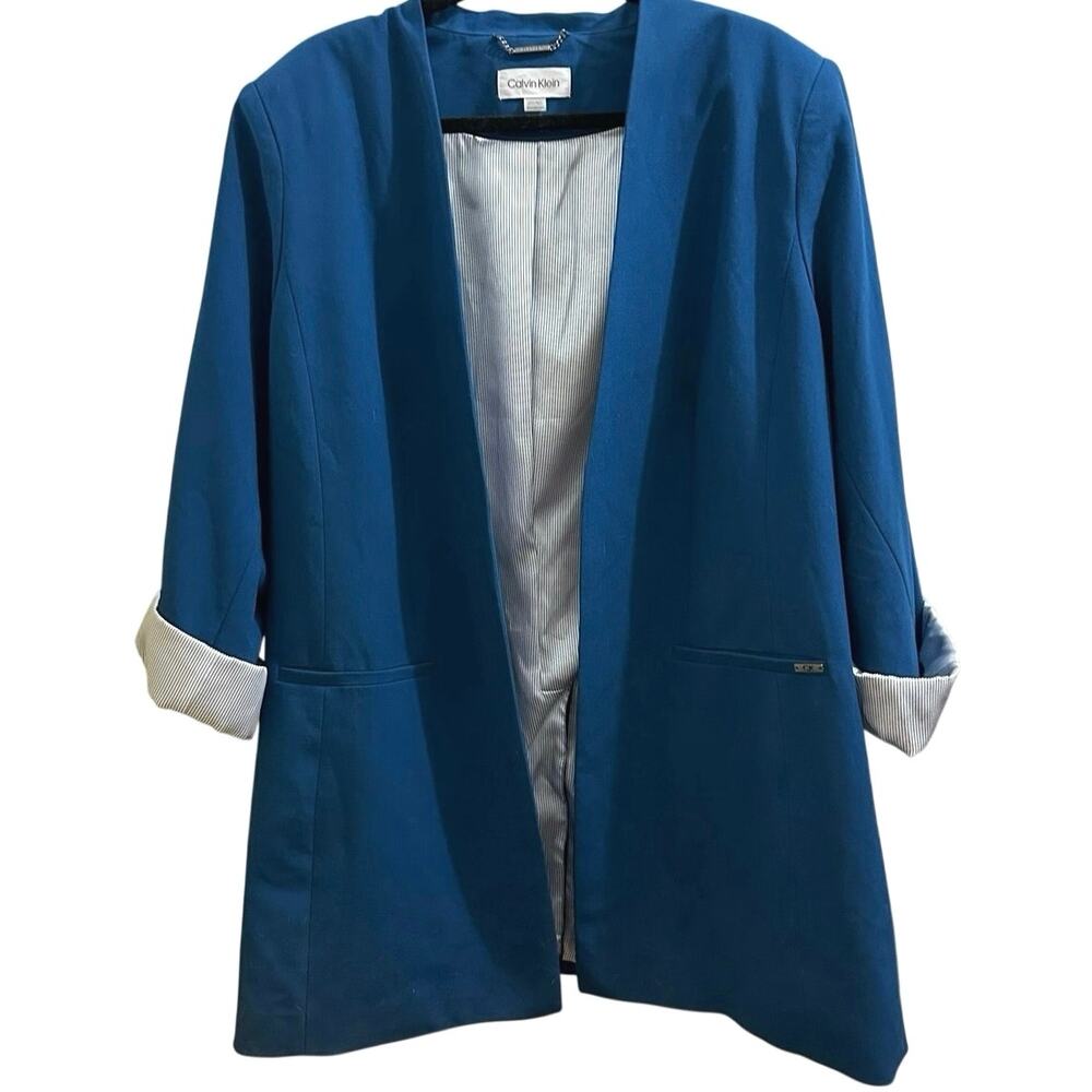 NWT Calvin Klein Women's Blue Infinite Stretch 3/4 Sleeves Open Blazer 22W